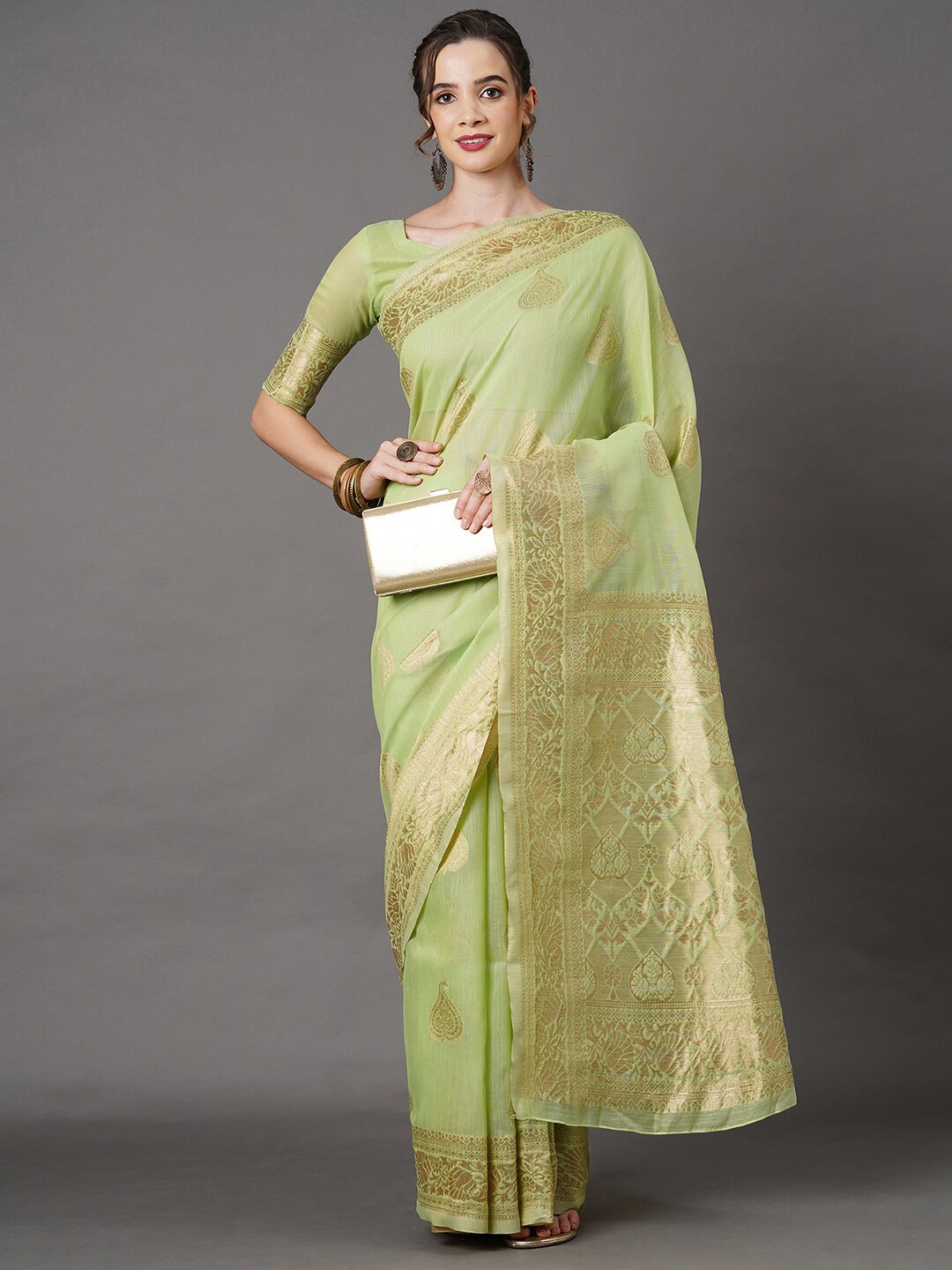 

Mitera Green Floral Linen Blend Banarasi Saree