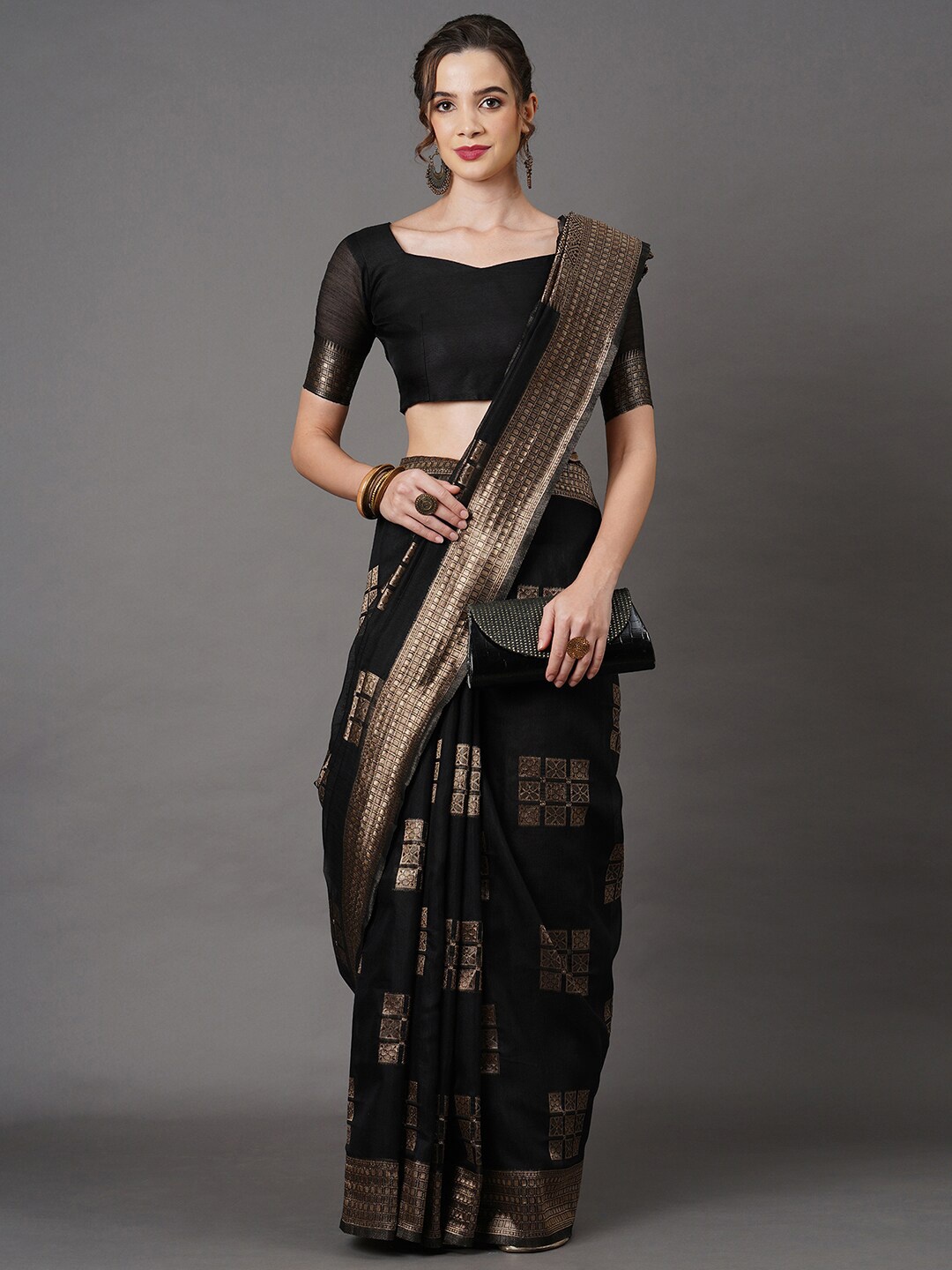 

Mitera Black & Brown Linen Blend Banarasi Saree