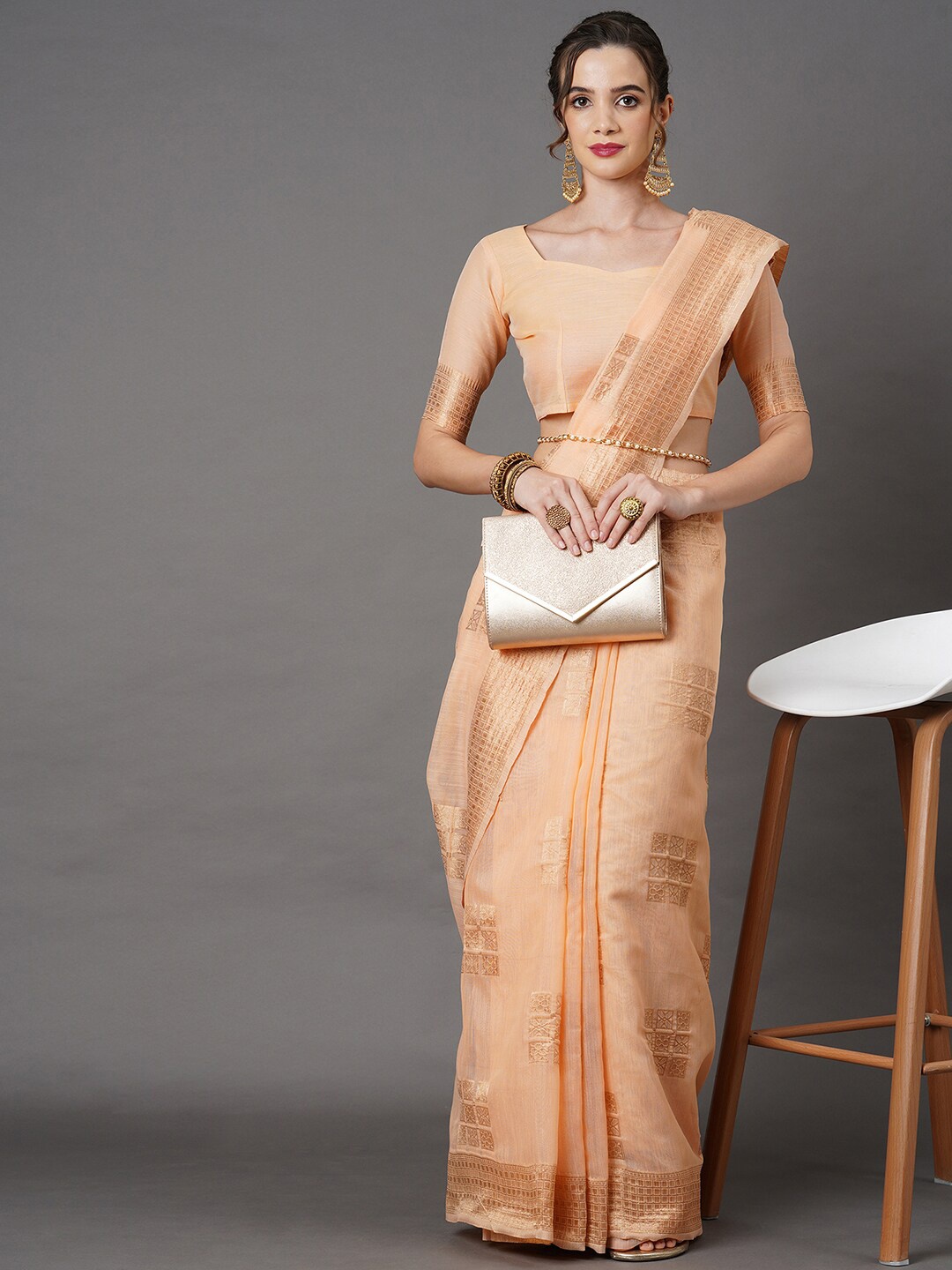 

Mitera Orange & Gold-Toned Ethnic Motifs Zari Linen Blend Banarasi Saree