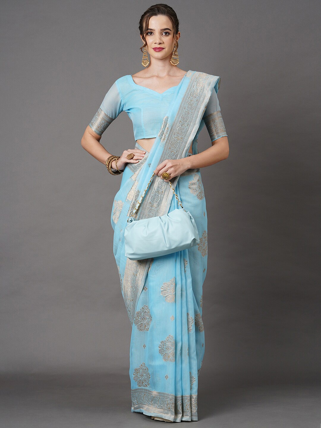 

Mitera Blue & Tan Ethnic Motifs Zari Linen Blend Banarasi Saree