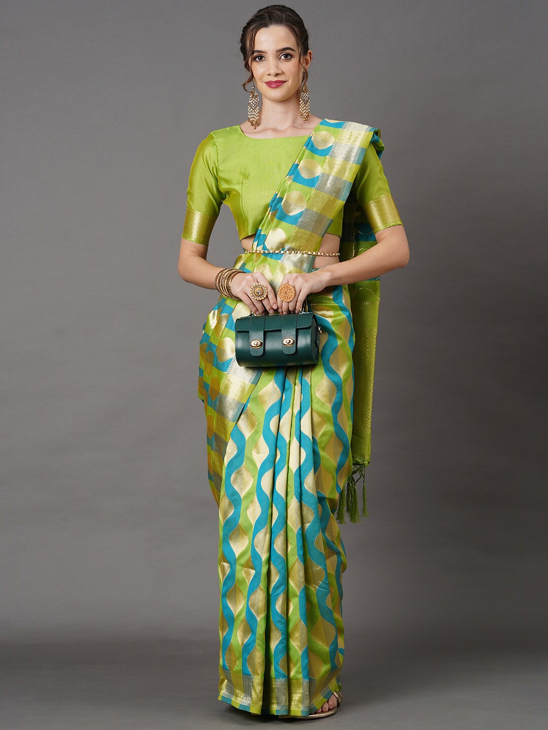 

Mitera Green & Blue Woven Design Silk Blend Banarasi Saree