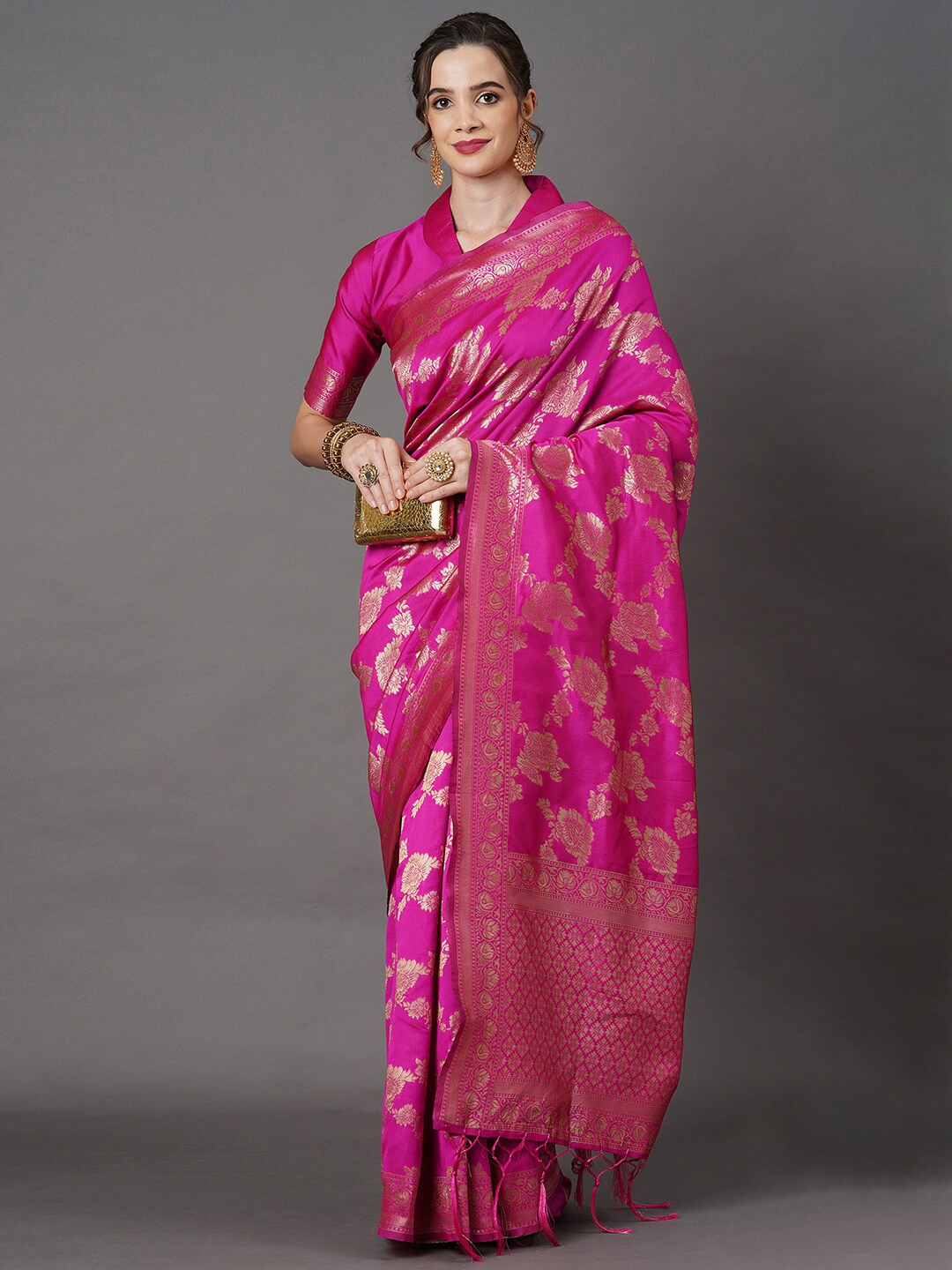 

Mitera Pink & Rose Gold Woven Design Silk Blend Banarasi Saree