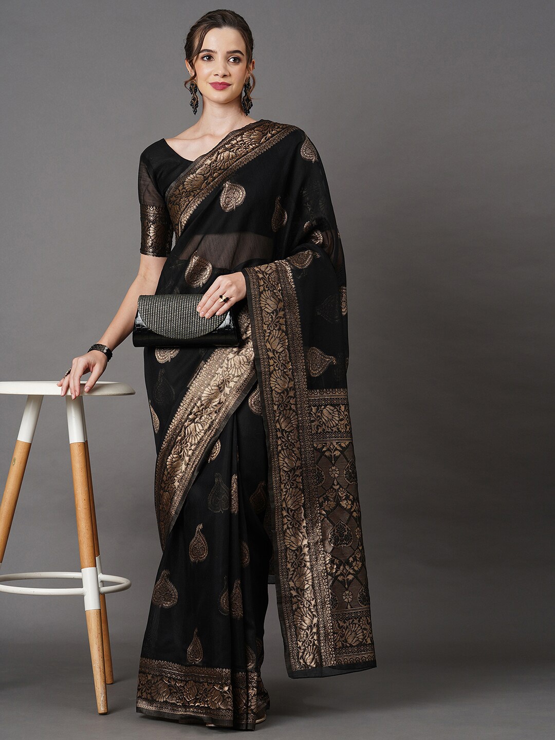 

Mitera Black & Tan Woven Design Linen Blend Banarasi Saree