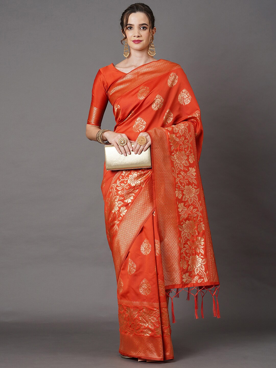 

Mitera Orange & Gold Ethnic Motifs Silk Blend Banarasi Saree