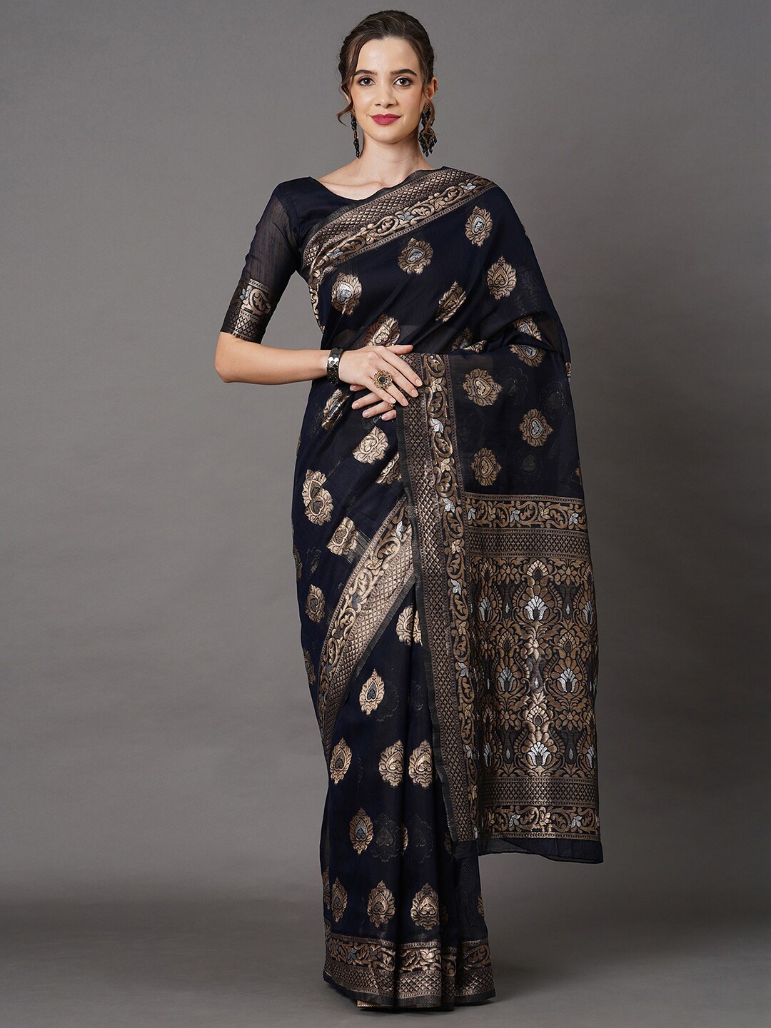 

Mitera Black & Rose Gold Ethnic Motifs Zari Linen Blend Saree