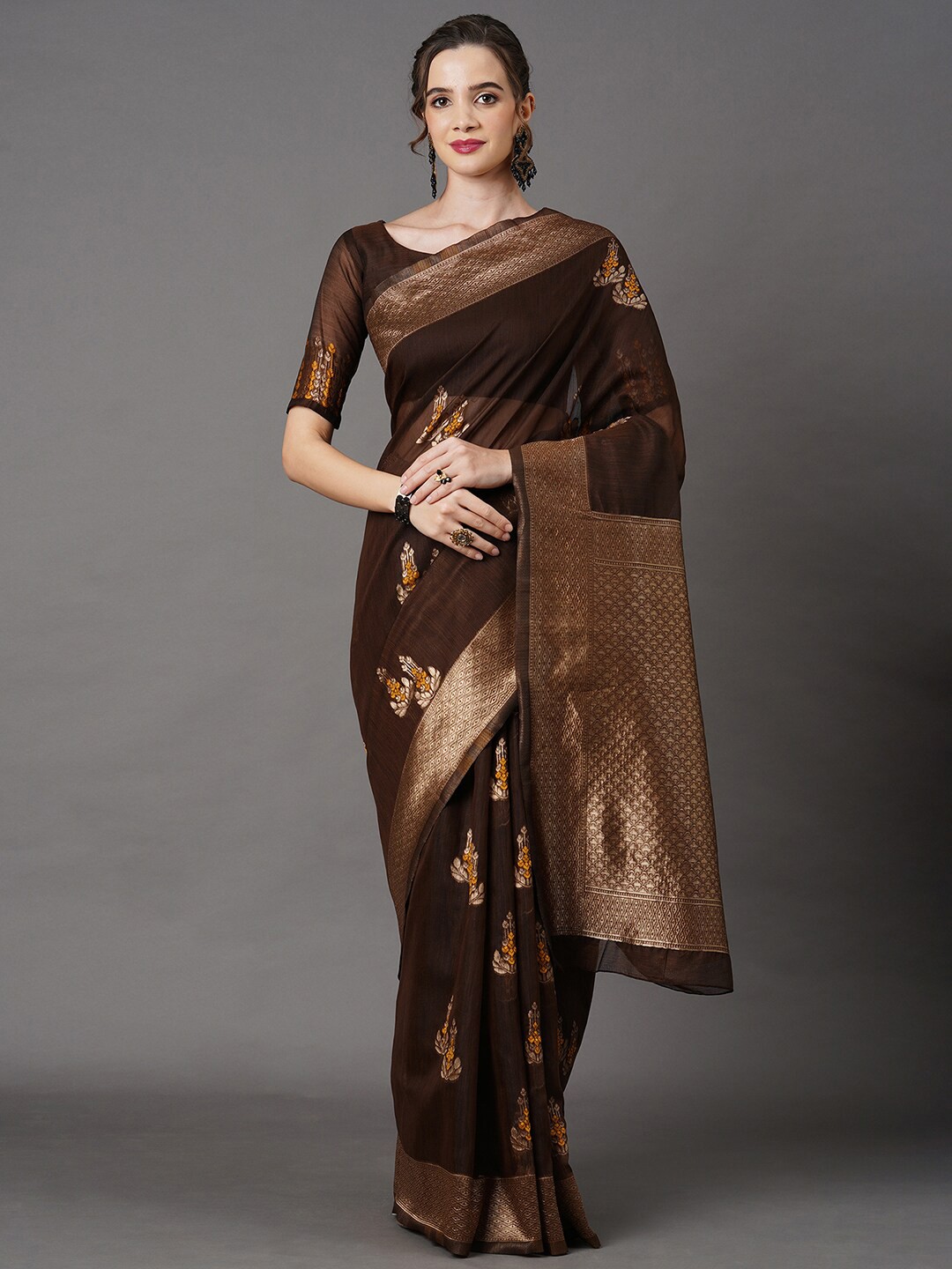 

Mitera Brown & Gold-Toned Woven Design Zari Linen Blend Banarasi Saree