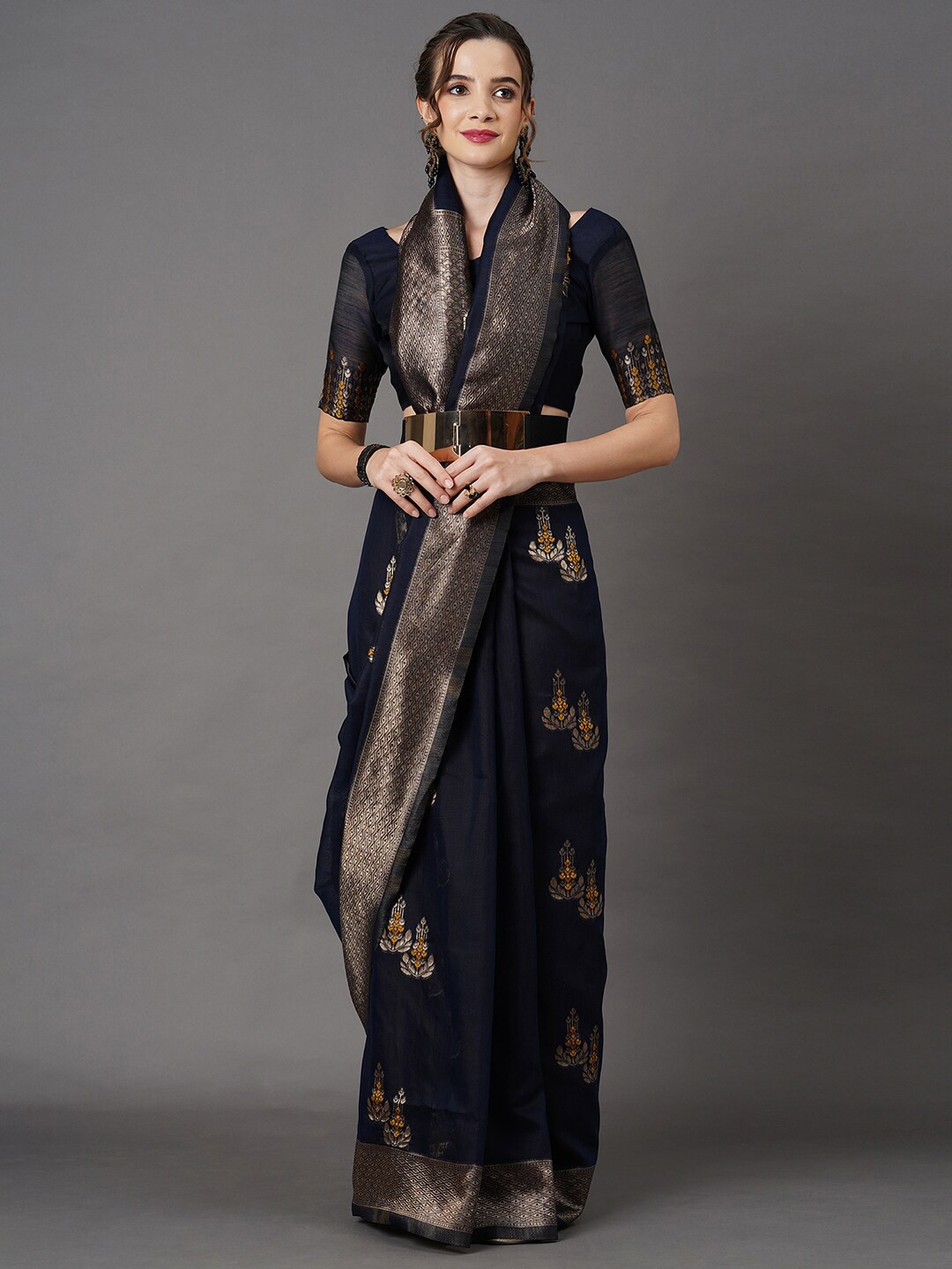 

Mitera Navy Blue Floral Linen Blend Banarasi Saree