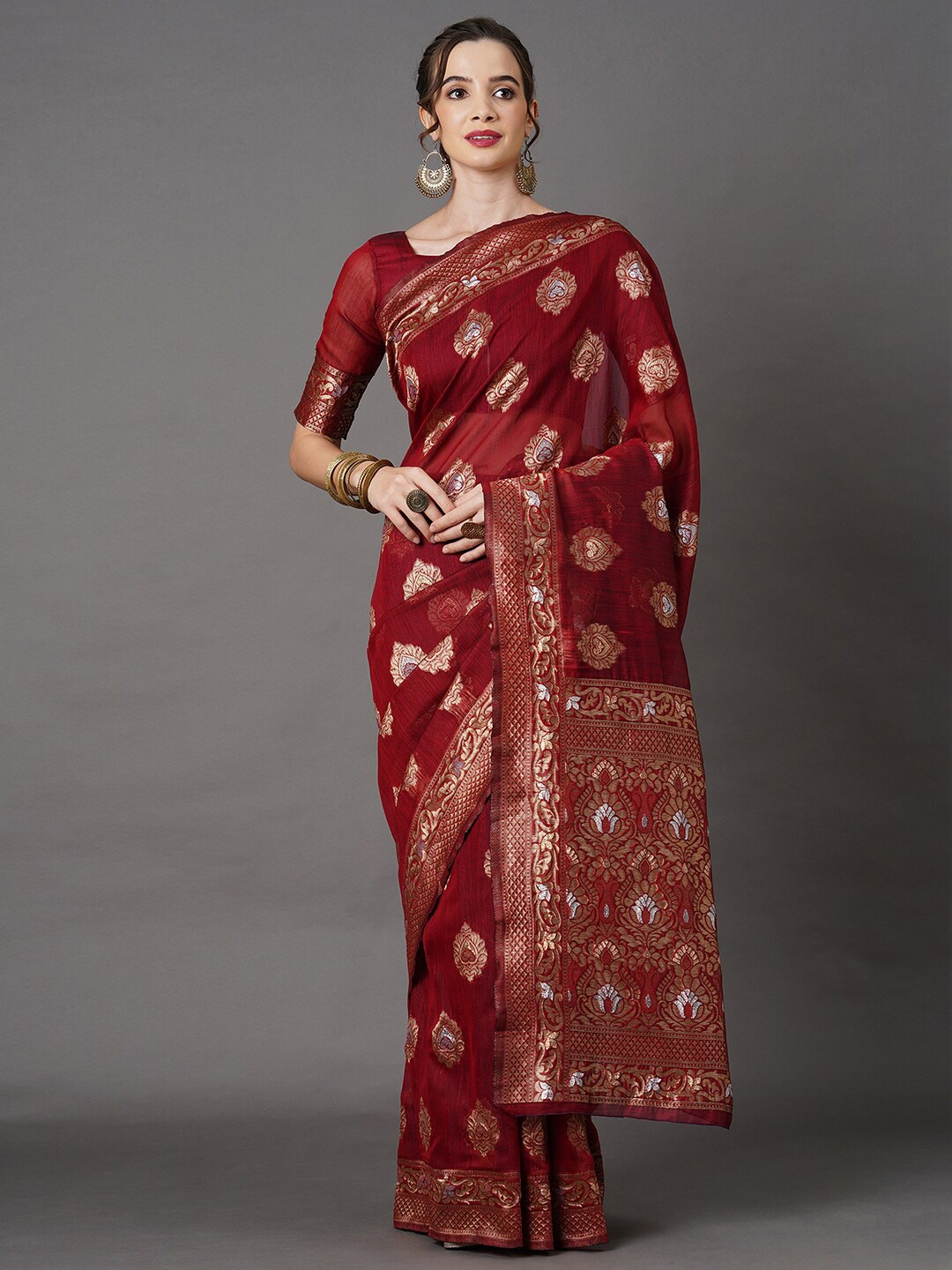 

Mitera Rust & Gold-Toned Ethnic Motifs Zari Linen Blend Banarasi Saree