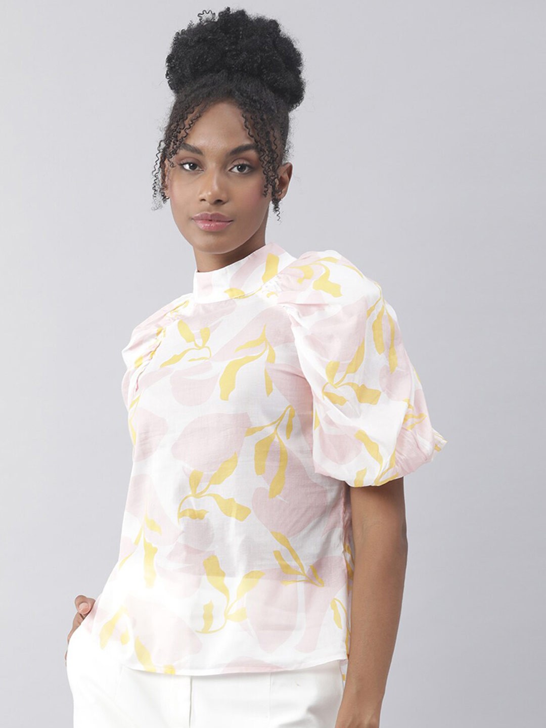 

RAREISM Pink & Yellow Pure Cotton Floral Print Top