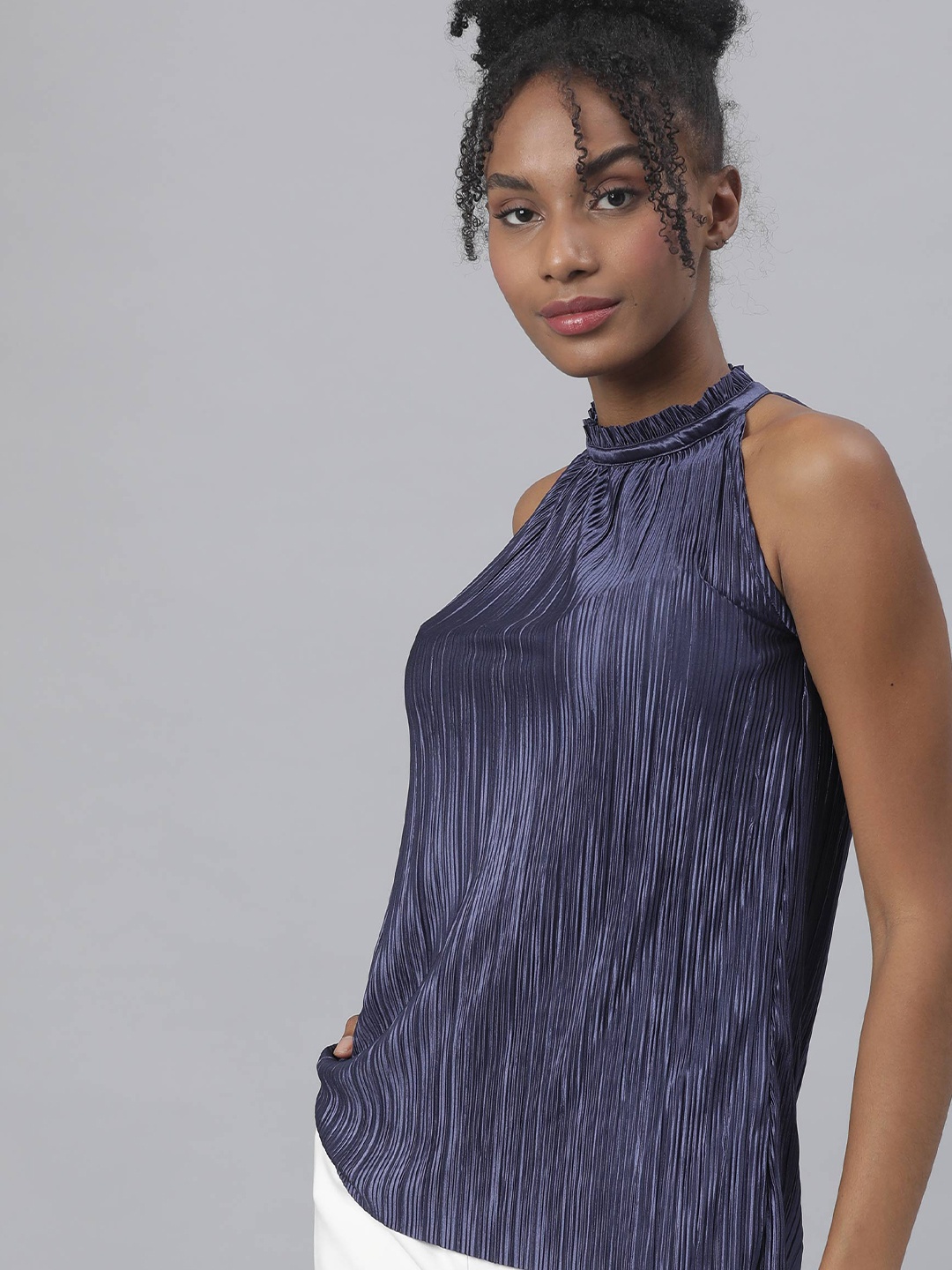 

RAREISM Navy Blue Print Halter Neck Top