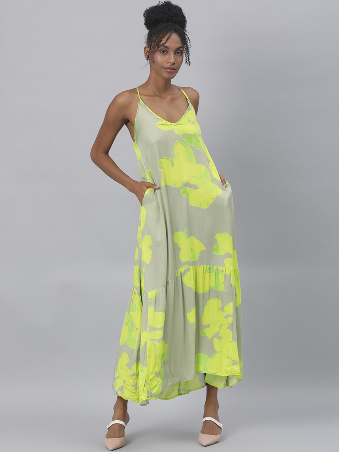 

RAREISM Grey & Fluorescent Green Floral Maxi Dress