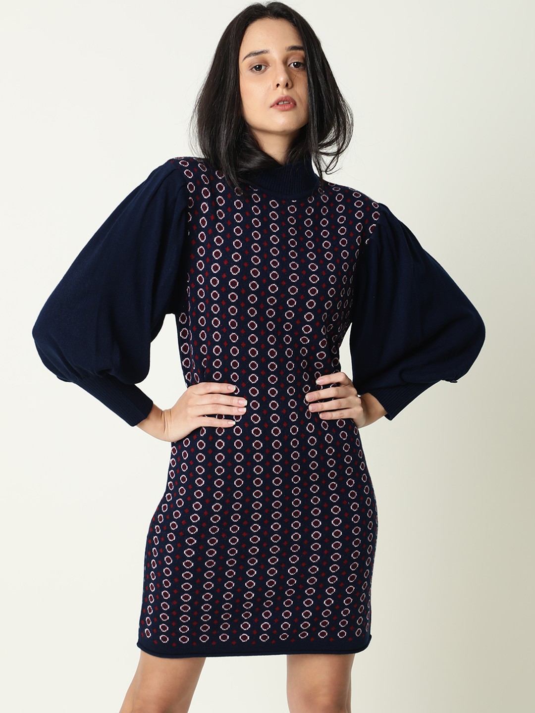 

RAREISM Navy Blue Acrylic Sheath Dress