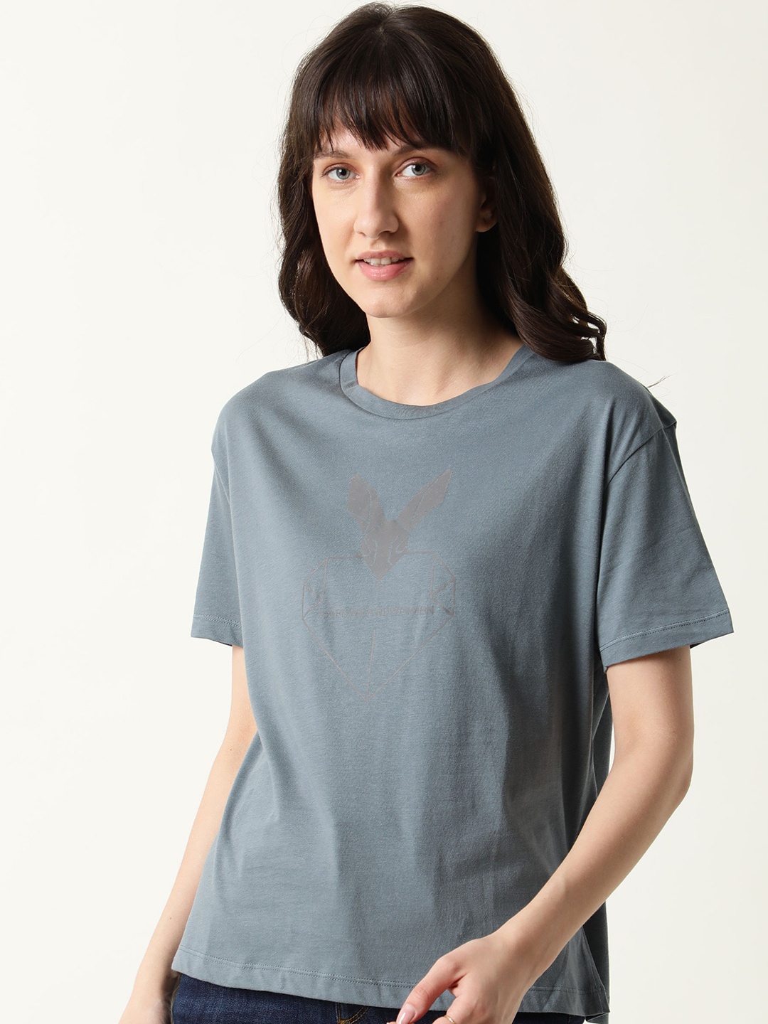 

RAREISM Women Grey & moonstruck Typography Pure Cotton Applique Slim Fit T-shirt