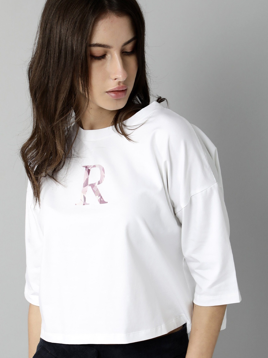 

RAREISM Women White Typography Printed Drop-Shoulder Sleeves Slim Fit Cotton T-shirt