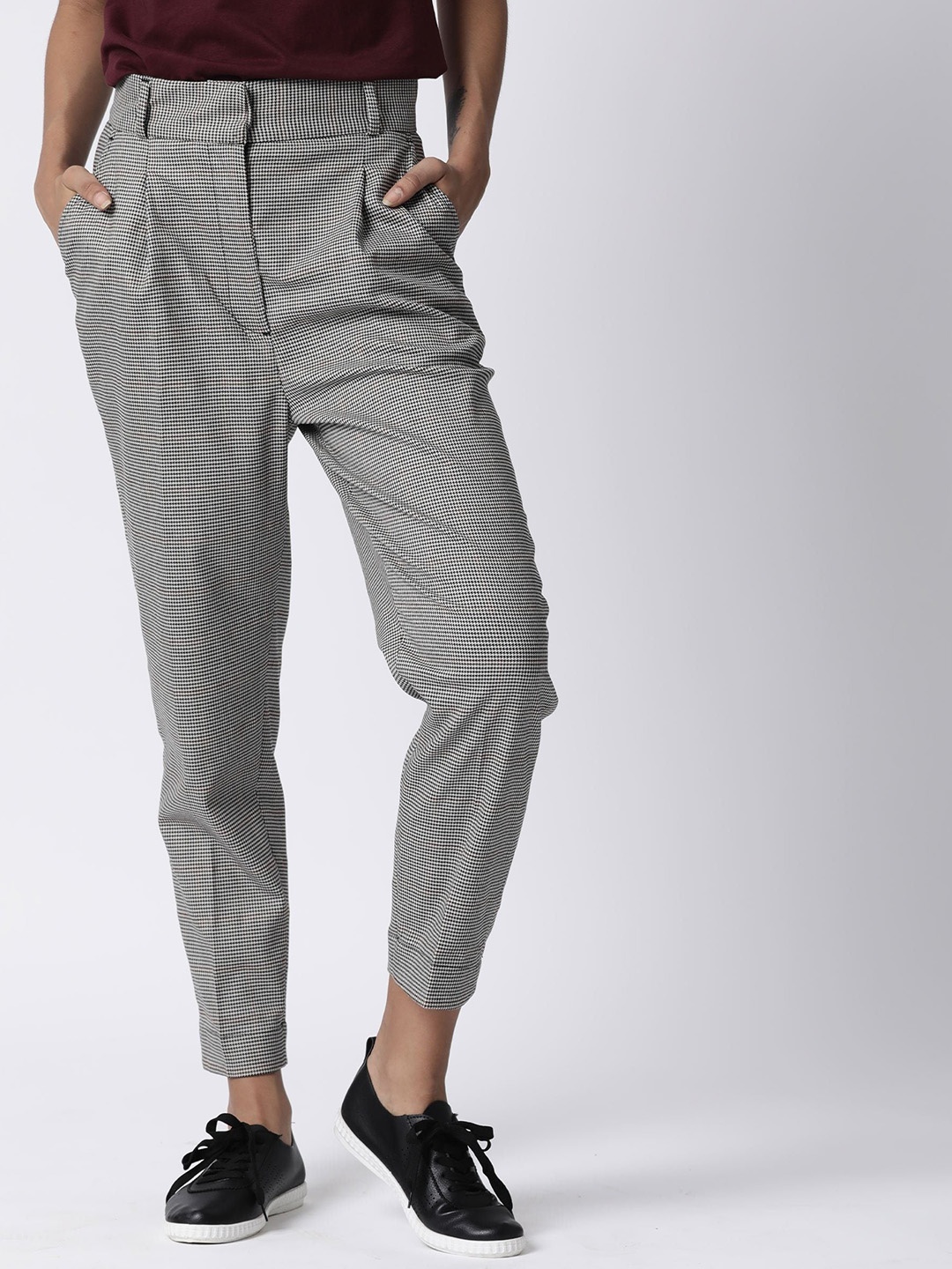 

RAREISM Women Beige Checked Pleated Trousers