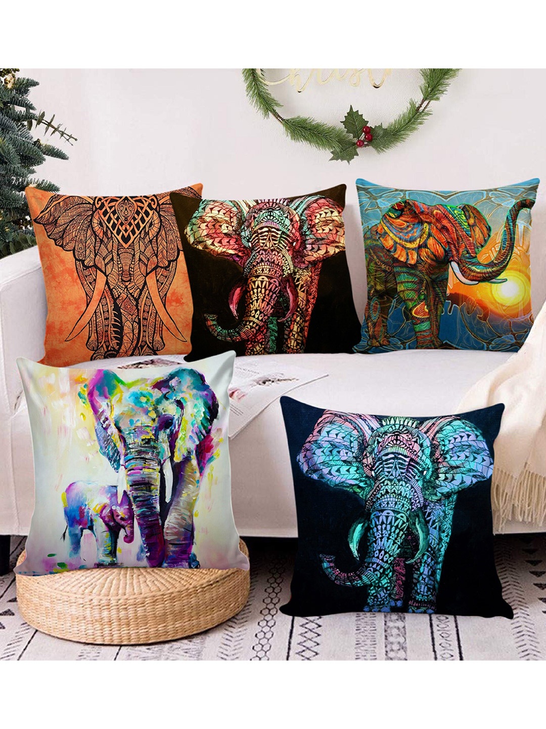 

AEROHAVEN Black & Blue Set of 5 Ethnic Motifs Printed Square Cushion Covers