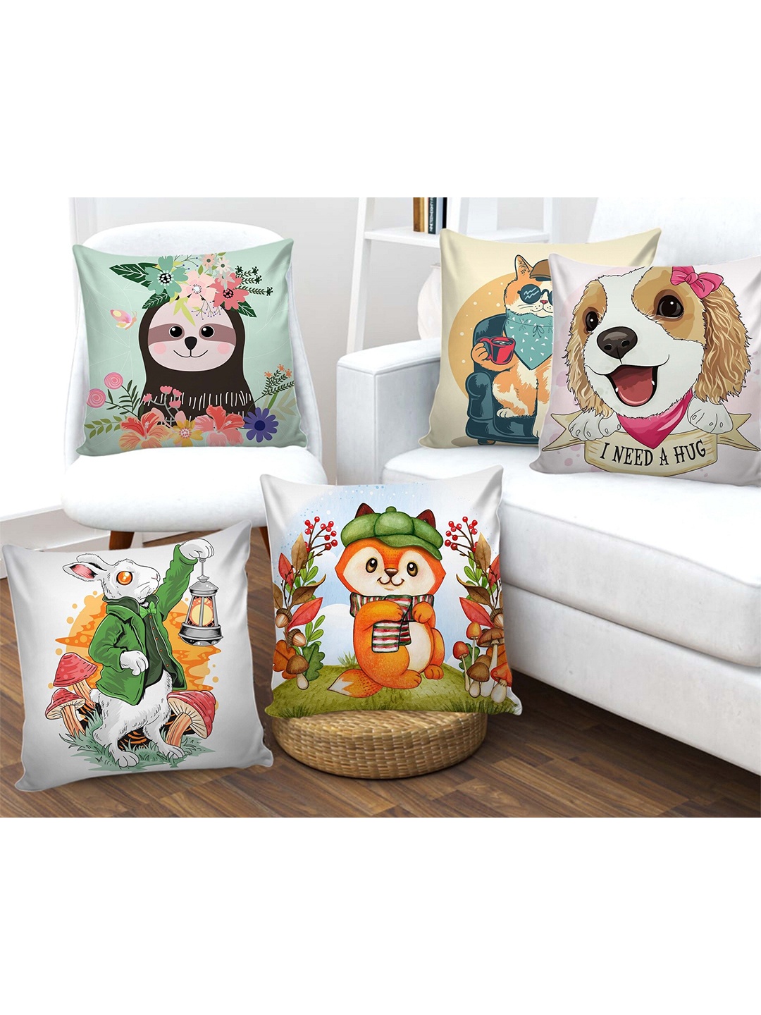 

AEROHAVEN Set of 5 Cartoon Characters Square Cushion Covers, White