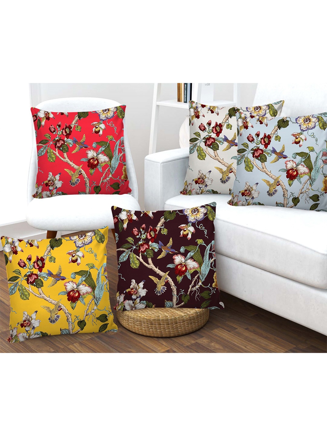 

AEROHAVEN Multicoloured Set of 5 Floral Square Cushion Covers, Multi