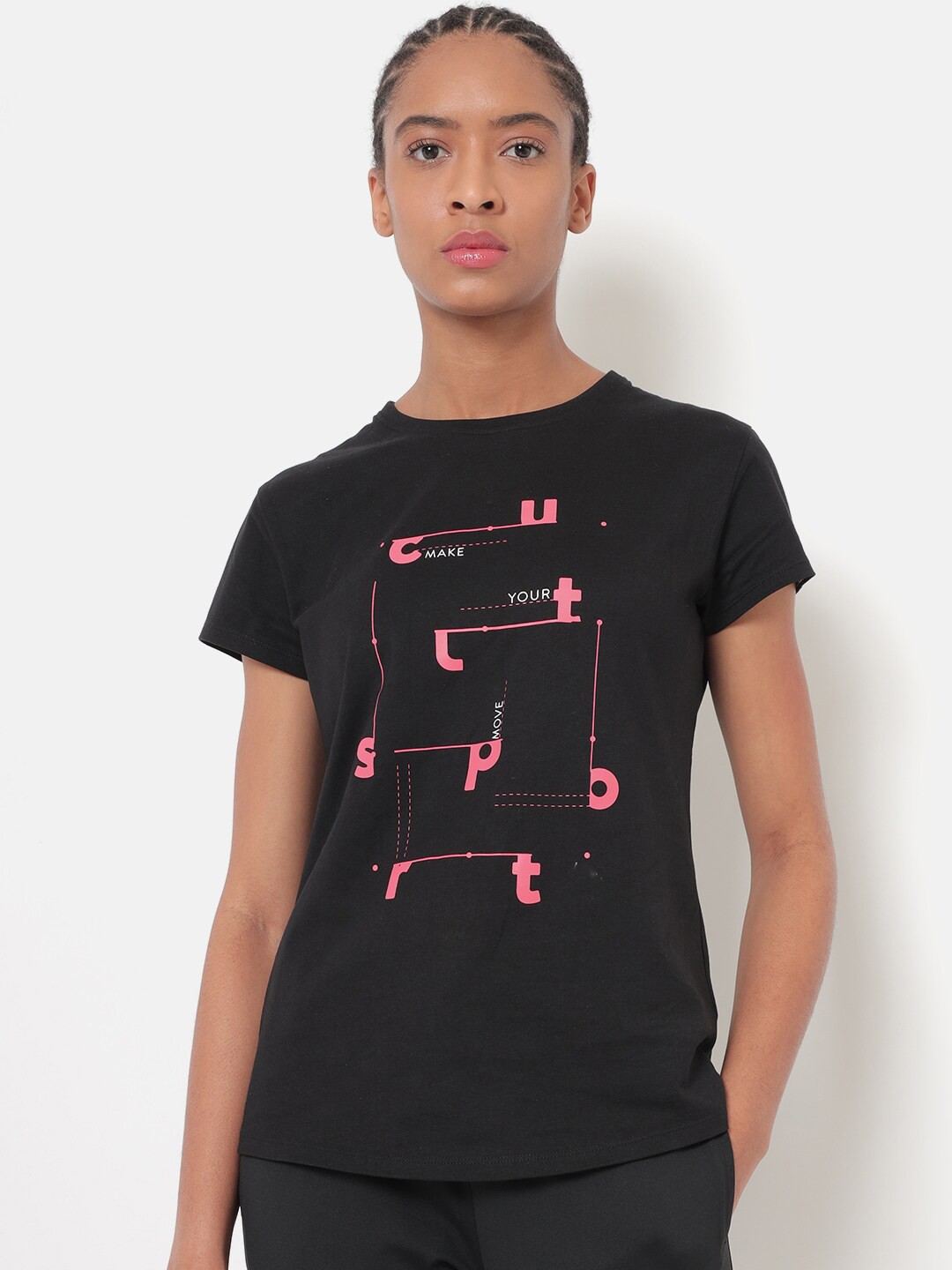 

Cultsport Women Black & caviar Typography Printed Applique T-shirt