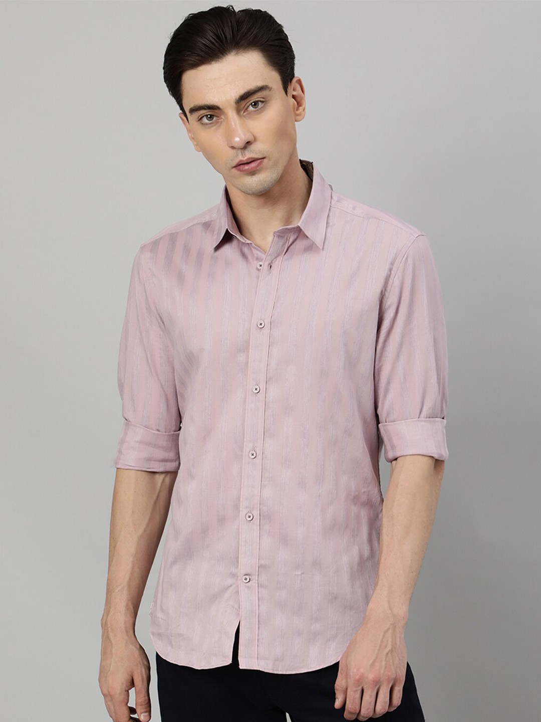 

RARE RABBIT Men Pink Tailored Fit Striped Casual Shirt