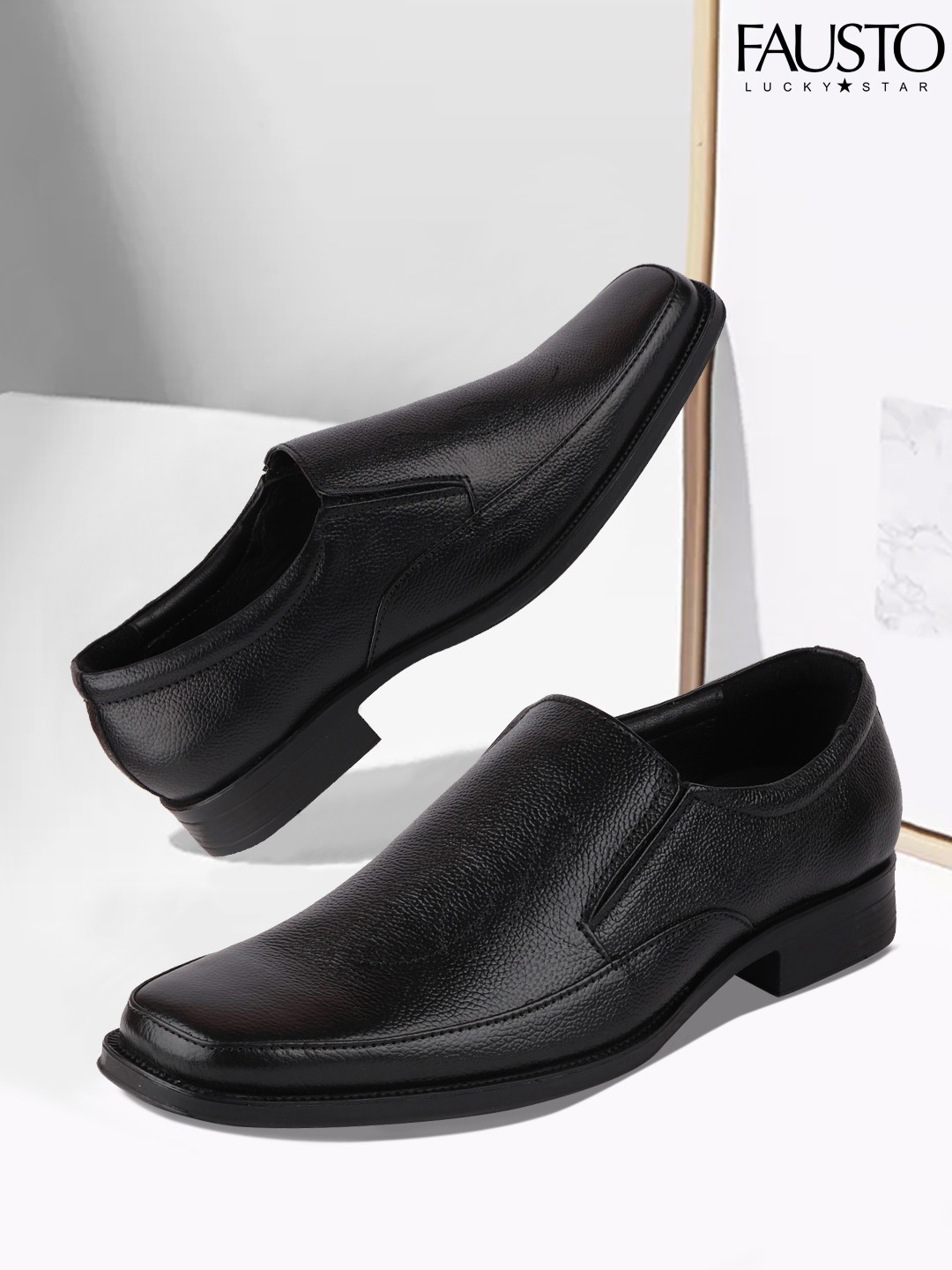 

FAUSTO Men Black Solid Leather Formal Slip-On Shoes