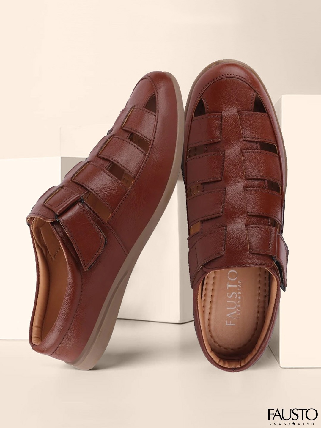

FAUSTO Men Tan & Brown Leather Comfort Sandals