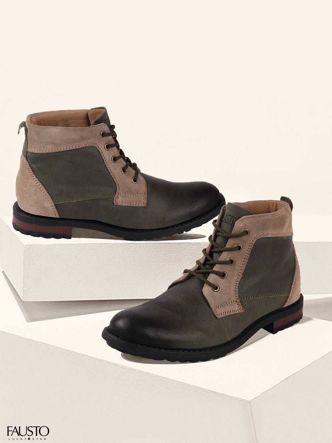 

FAUSTO Men Olive Green Colourblocked Leather High-Top Flat Boots