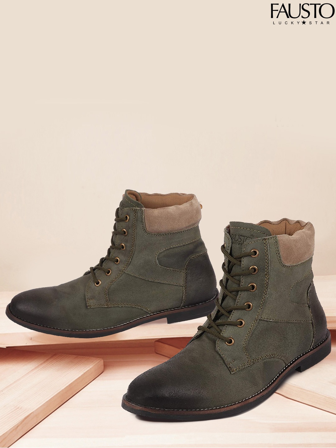 

FAUSTO Men Olive Green Leather High-Top Flat Boots