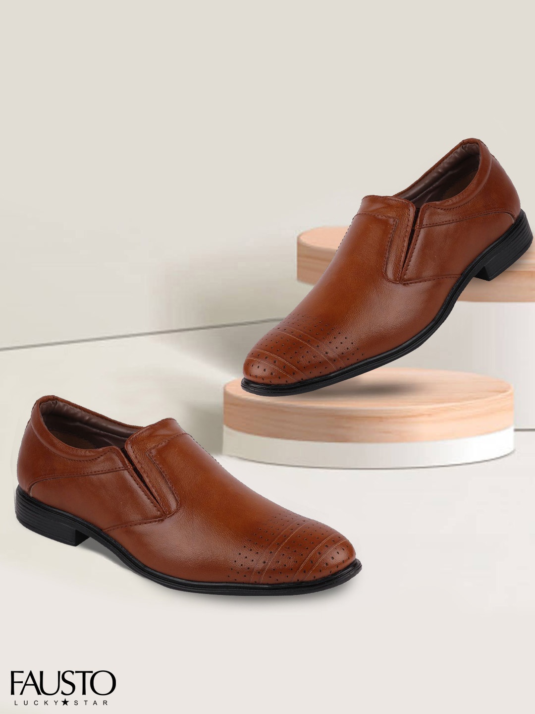 

FAUSTO Men Tan Brown Solid Formal Slip Ons
