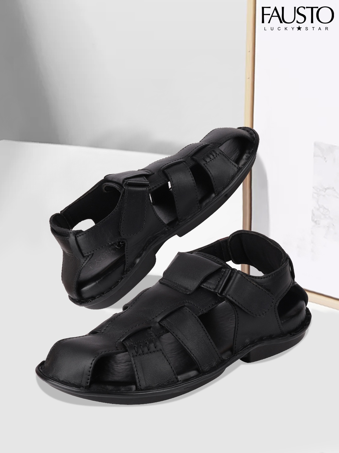 

FAUSTO Men Black Leather Fisherman Sandals