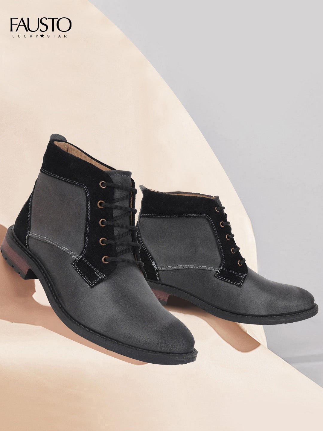 

FAUSTO Men Black Leather Mid-Top Flat Boots