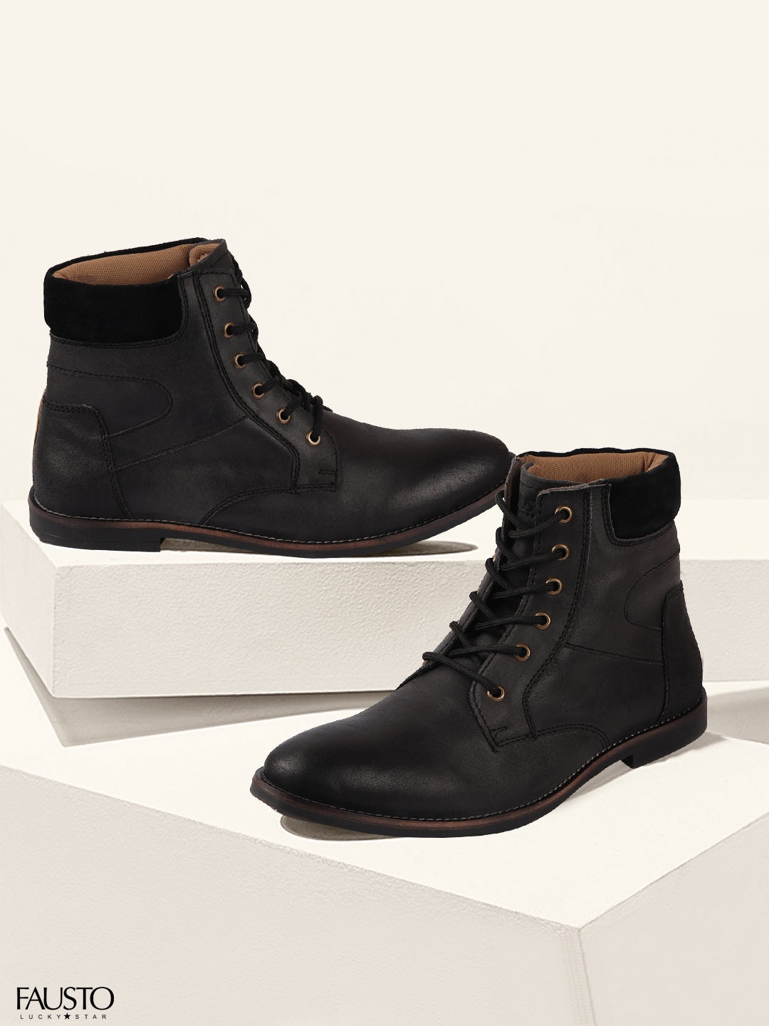 

FAUSTO Men Black Leather High-Top Flat Boots