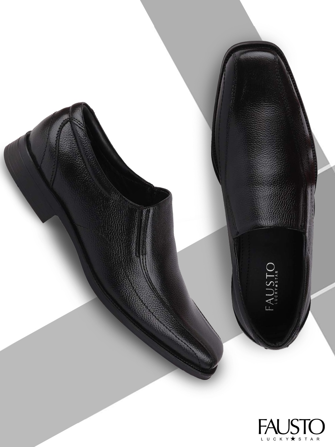 

FAUSTO Men Black Solid Genuine Leather Formal Slip-Ons
