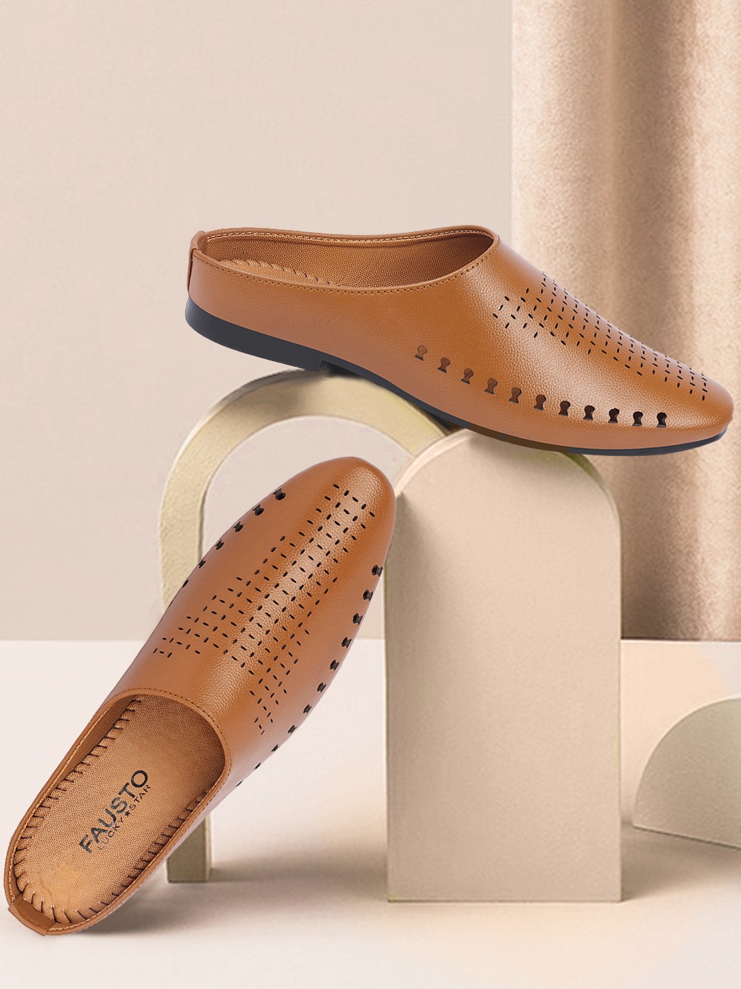 

FAUSTO Men Tan Brown Perforations Mules