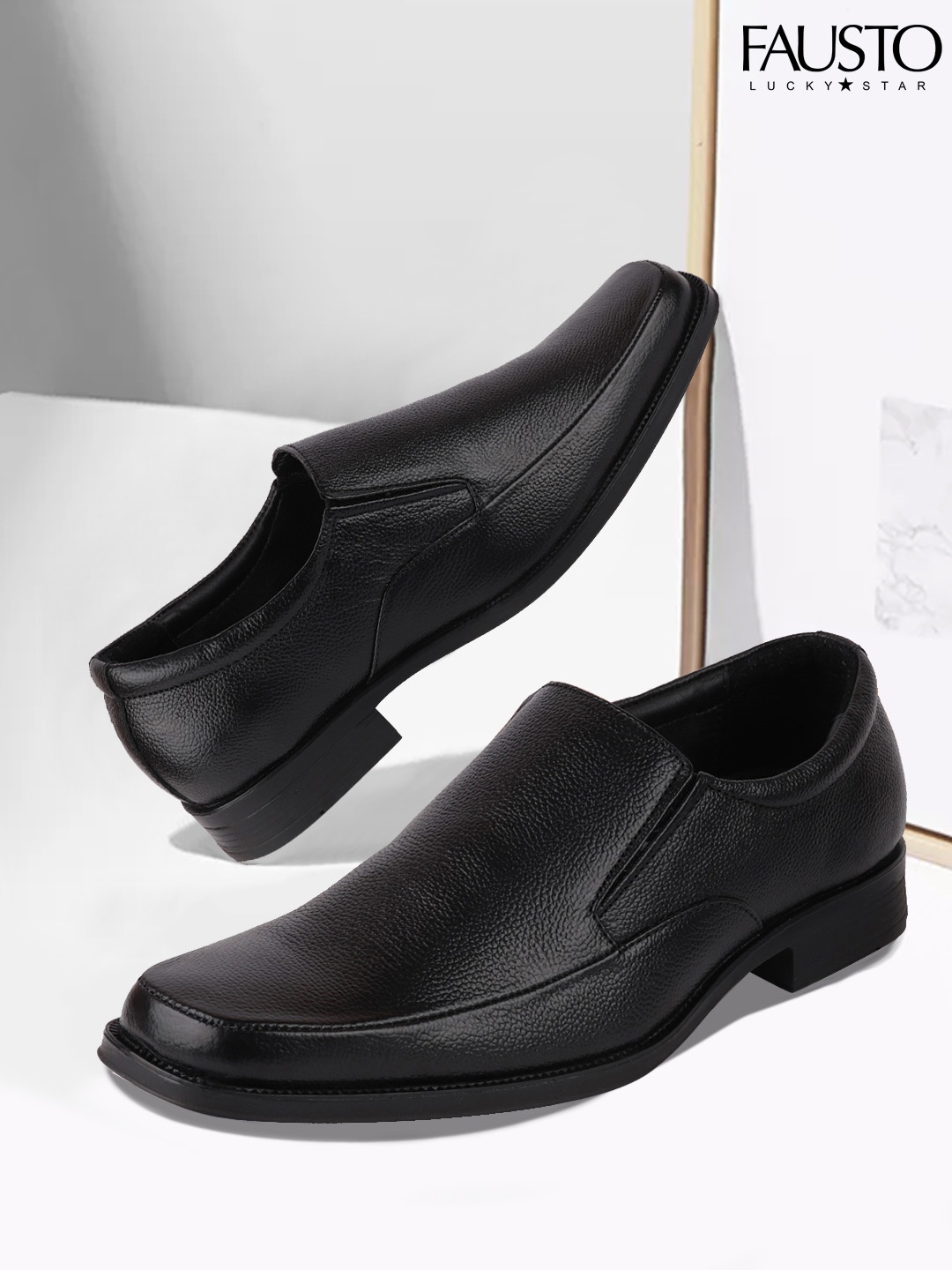 

FAUSTO Men Black Genuine Leather Formal Slip-On Shoes