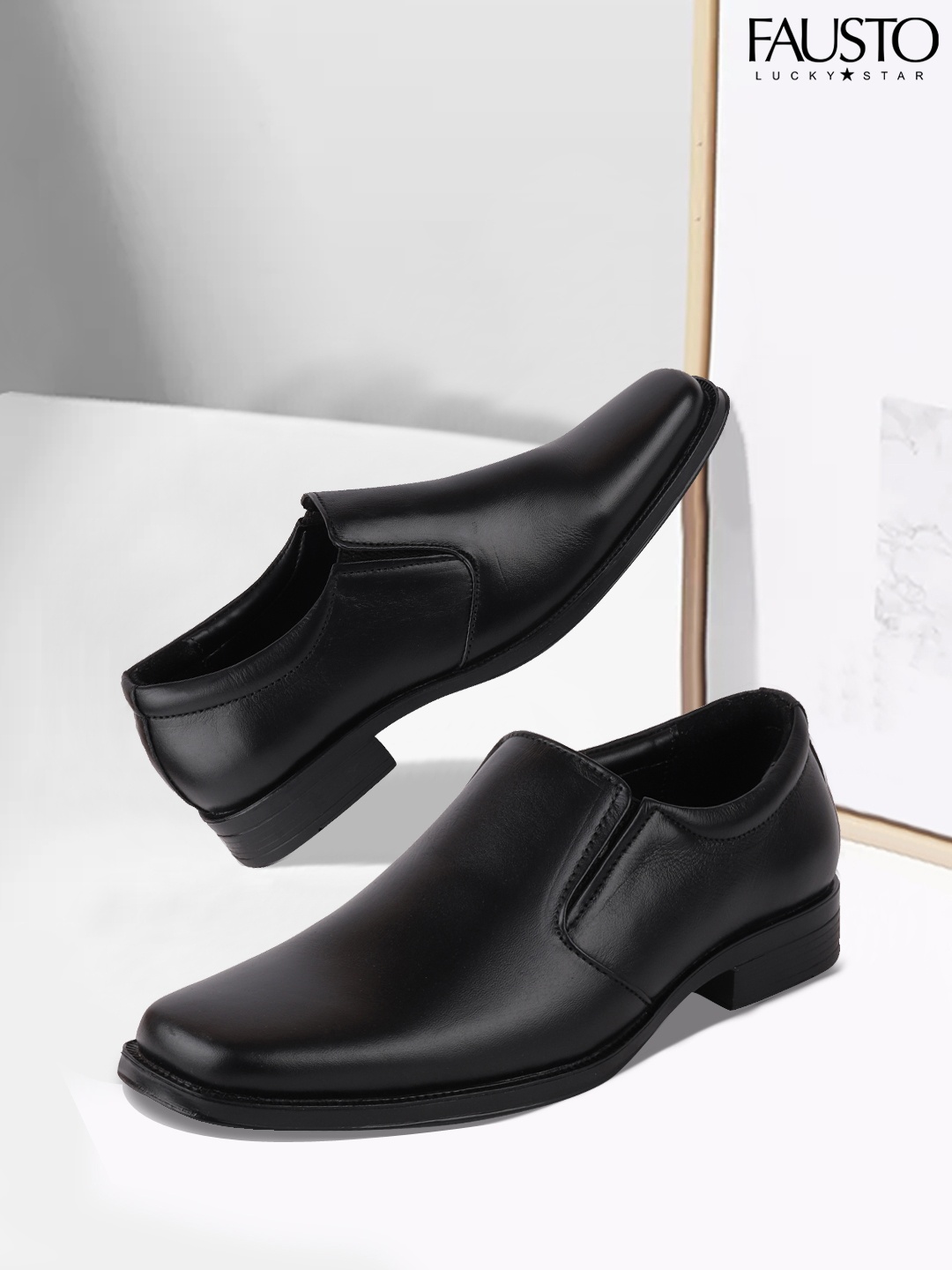

FAUSTO Men Black Solid Leather Formal Slip-Ons