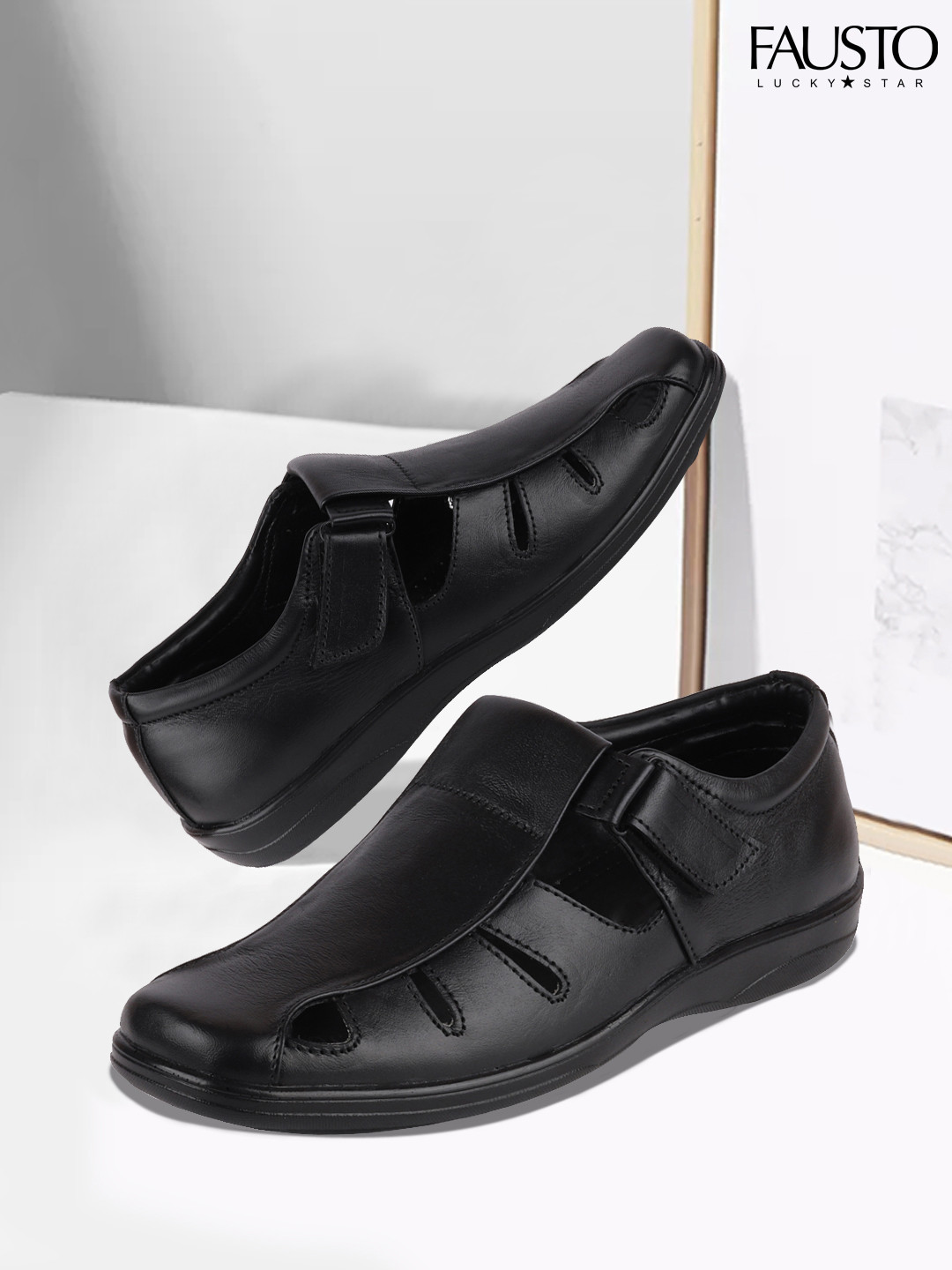

FAUSTO Men Black Solid Leather Shoe-Style Sandals