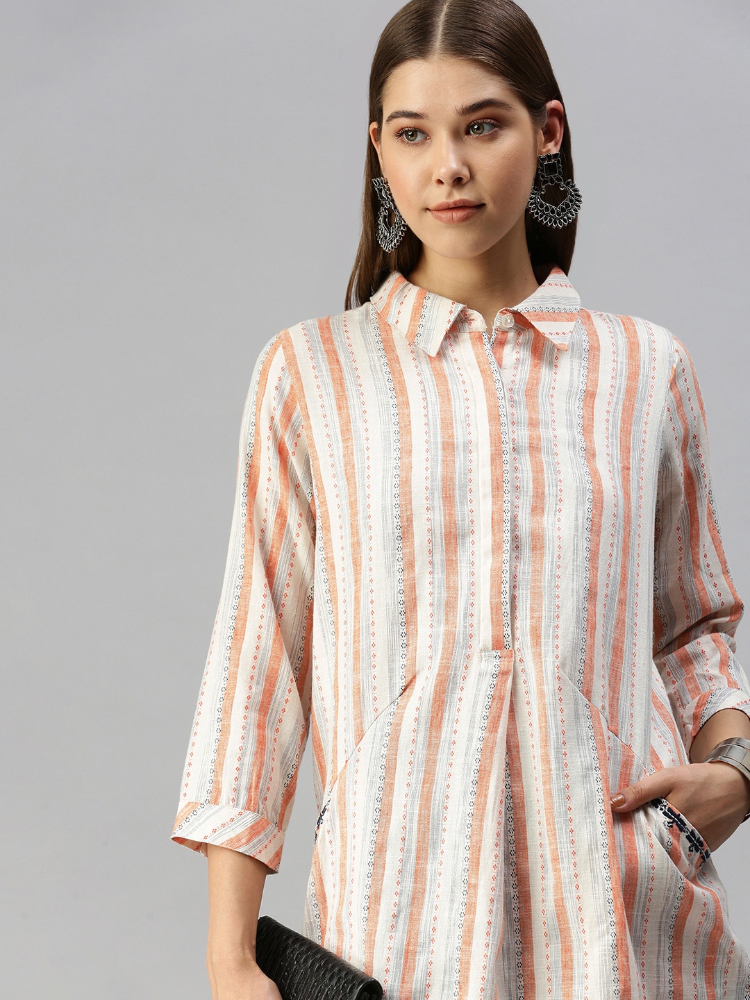 

Global Desi Coral & White Shirt Collar Striped Tunic