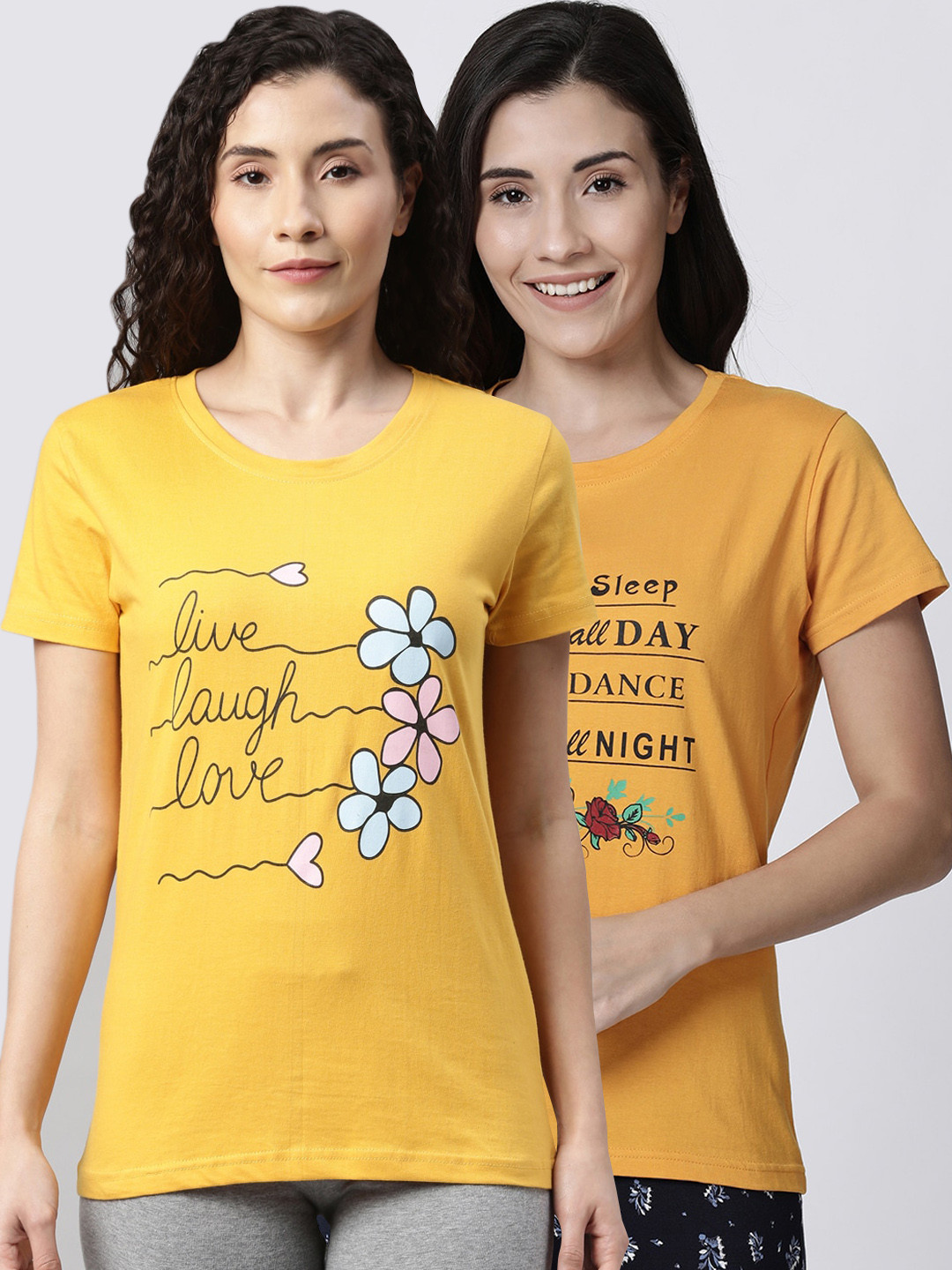 

Kryptic Women Pack Of 2 Printed Pure Cotton Lounge T-Shirts, Yellow