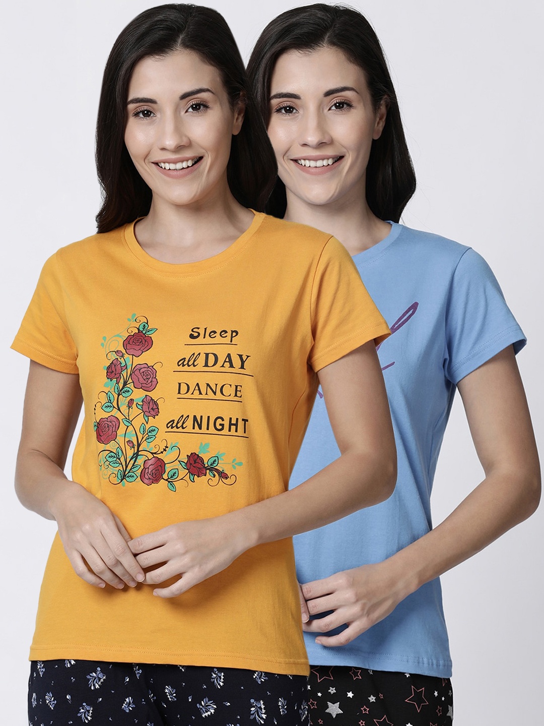

Kryptic Women Pack of 2 Printed Pure Cotton Lounge T Shirts, Yellow