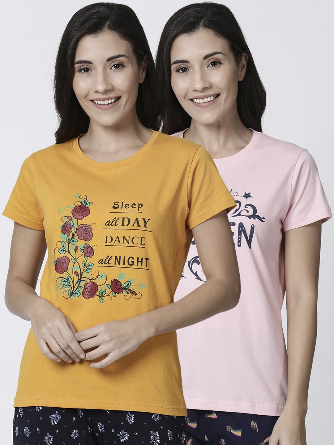

Kryptic Women Pack of 2 Printed Pure Cotton Lounge T Shirts, Yellow
