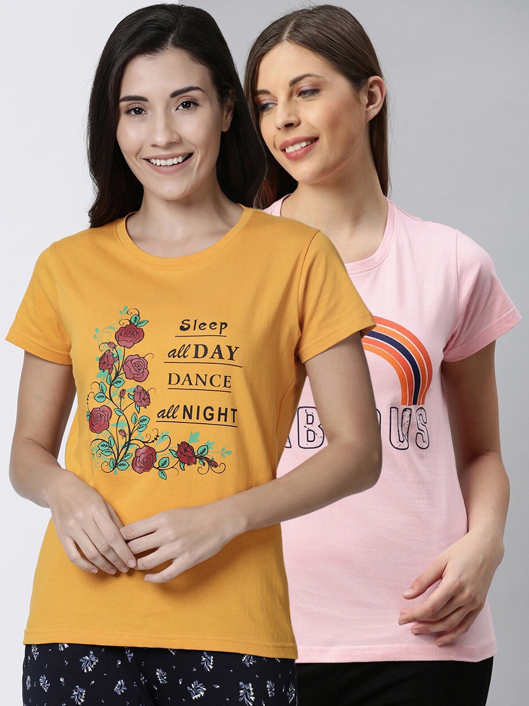 

Kryptic Women Pack Of 2 Printed Pure Cotton Lounge T-Shirts, Yellow