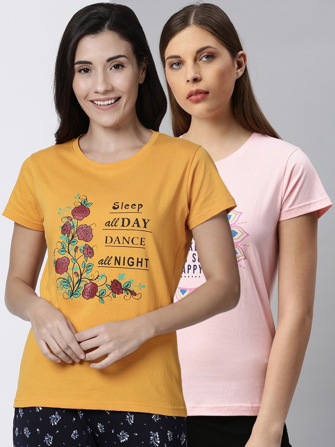 

Kryptic Women Pack Of 2 Printed Pure Cotton Lounge T Shirts, Yellow