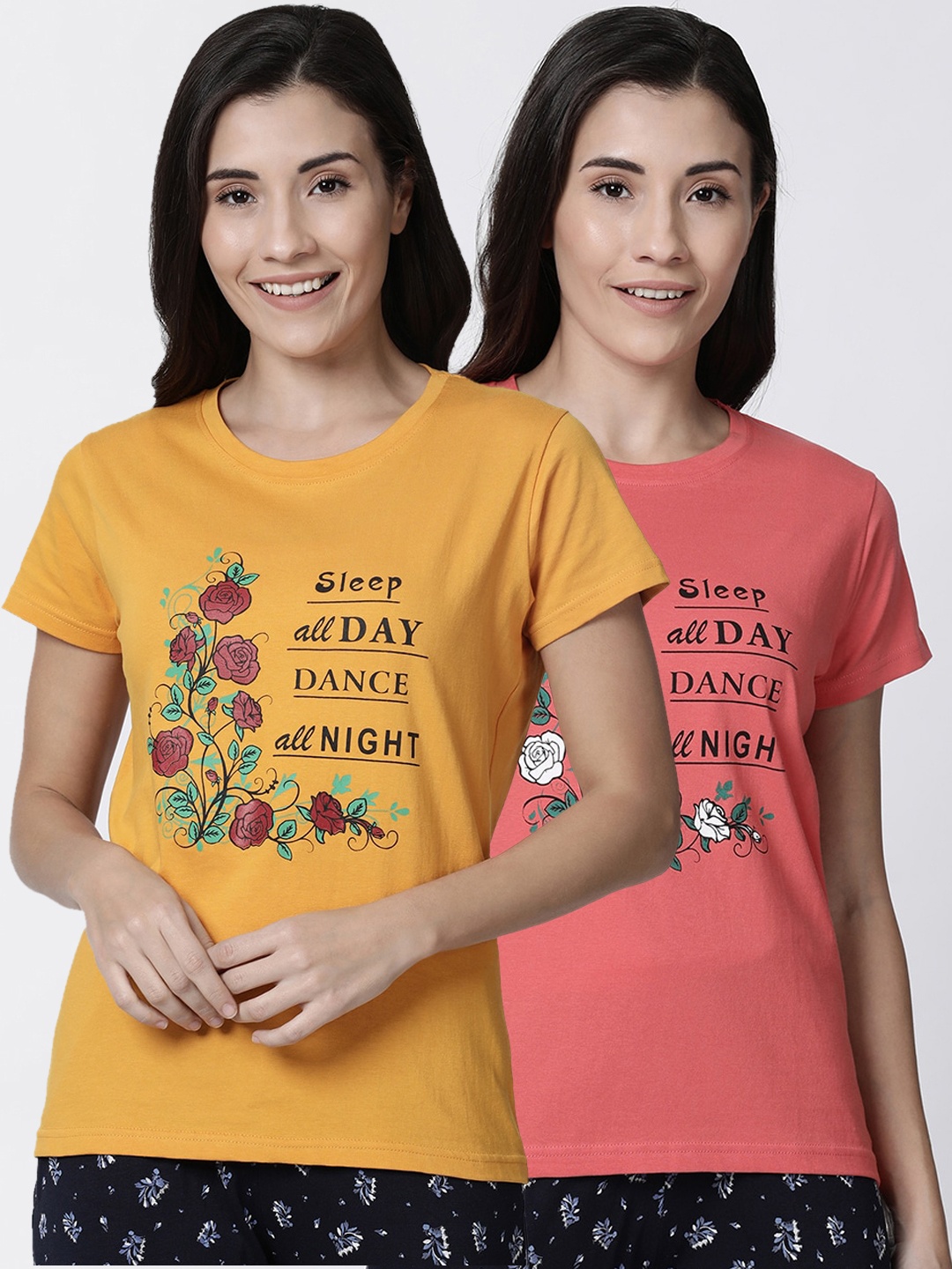 

Kryptic Women Pack Of 2 Printed Pure Cotton Lounge T-Shirts, Yellow