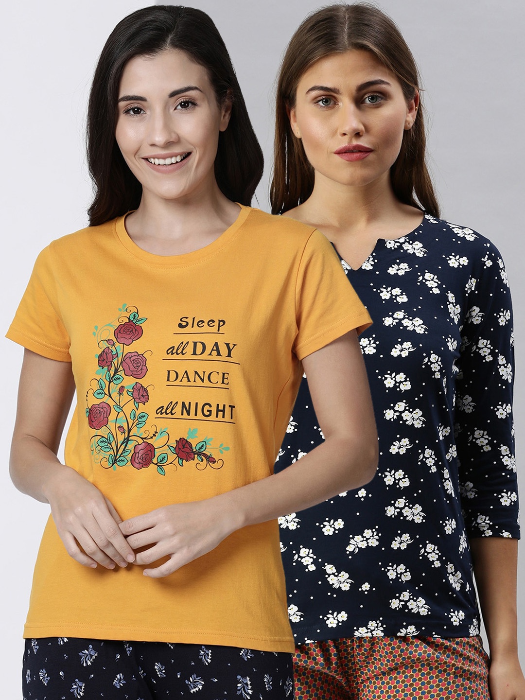 

Kryptic Women Pack of 2 Printed Pure Cotton Lounge T Shirts, Yellow