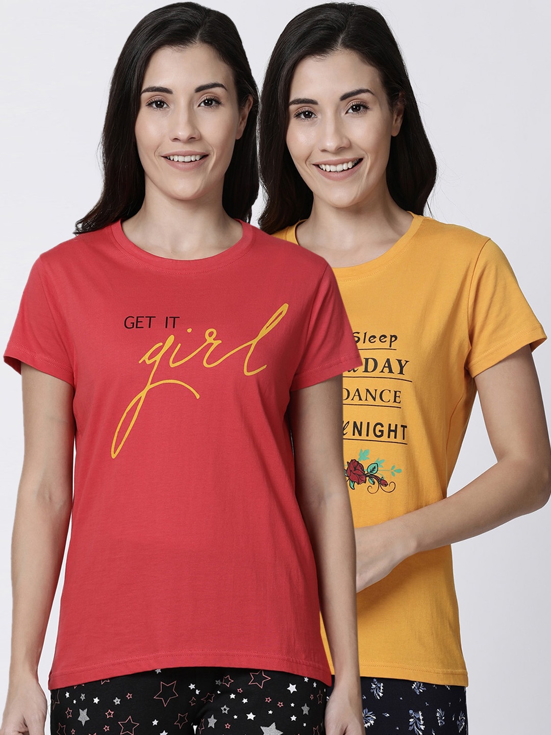

Kryptic Women Pack Of 2 Printed Pure Cotton Lounge T-Shirts, Mustard