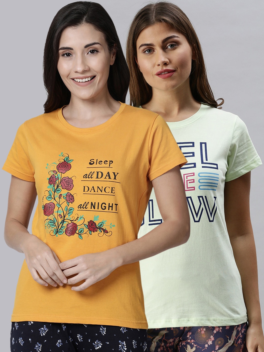 

Kryptic Women Pack Of 2 Printed Pure Cotton Lounge T-Shirts, Yellow