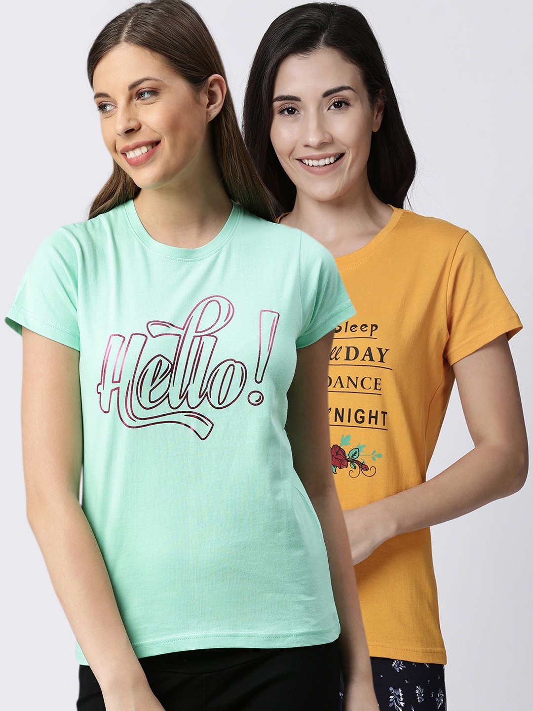 

Kryptic Women Pack Of 2 Printed Pure Cotton Lounge T-Shirts, Yellow