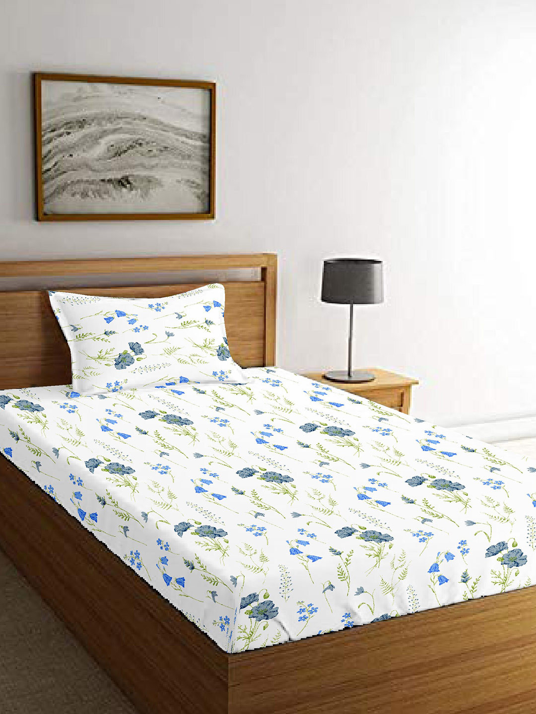 

MAYFAIR HOMES LONDON White & Blue Floral Pure Cotton 210 TC Single Bedsheet & Pillow Cover