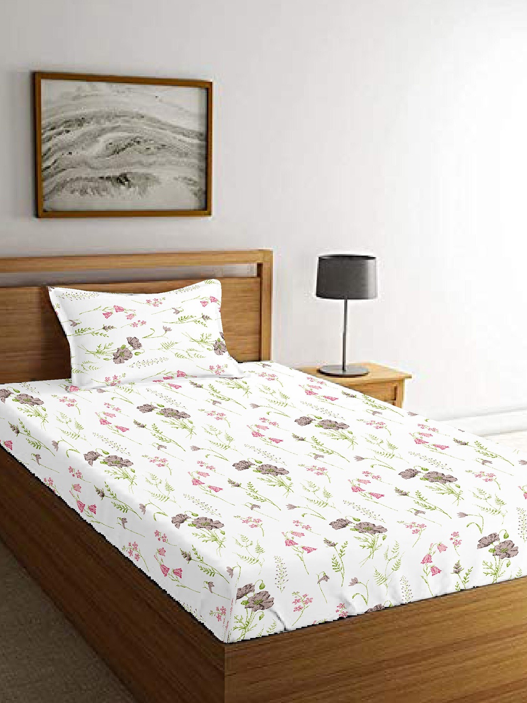 

MAYFAIR HOMES LONDON White & Green Floral 210 TC Single Bedsheet with 1 Pillow Covers